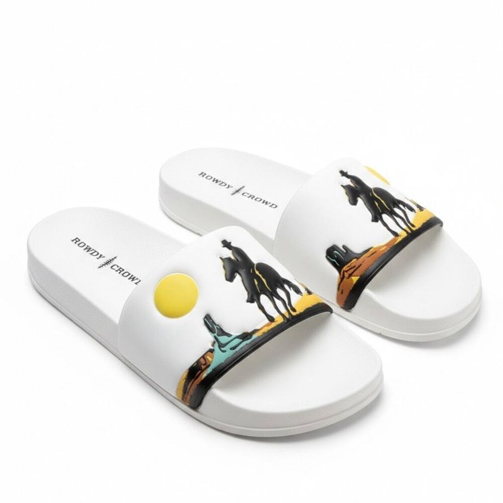 Western Slide Sandals – Cowboy & Dog Desert Scene, White Comfort Slides Size 9